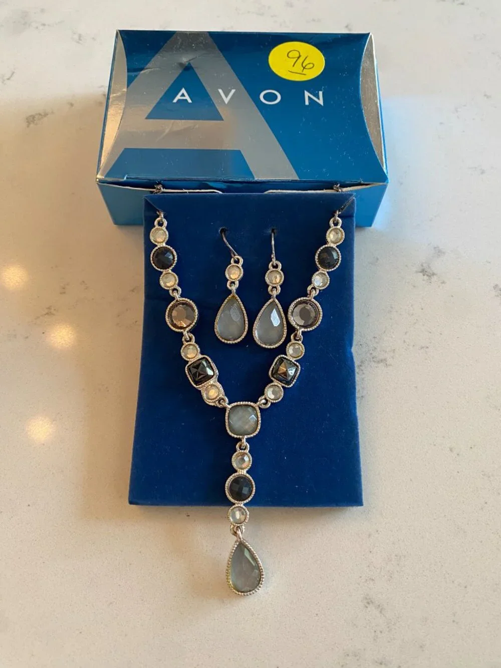 Avon Silver Tone Necklace Earrings Set Black Gray Faceted Crystal NIB
